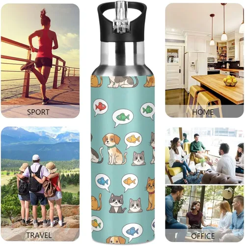 Vista 5 de BPA-Free Sports Water Bottle with Straw 32 Oz, Stainless Steel Vacuum Insulated Water Bottle for Gym Outdoor Travel School, Cartoon Cats Dogs