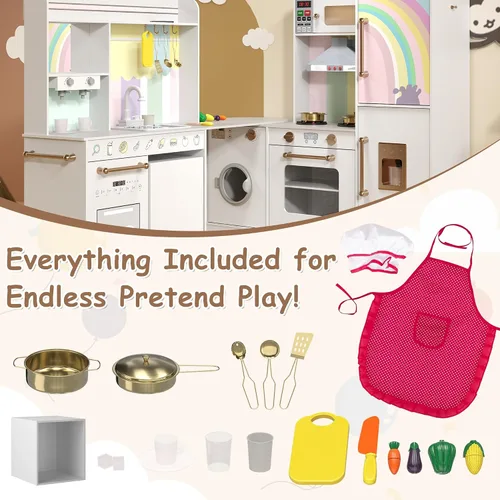 Vista 8 de Juego de cocina de esquina de madera para niños, cocina de juego grande con fregadero con agua corriente, estufa con luz y sonido, máquina de hielo
