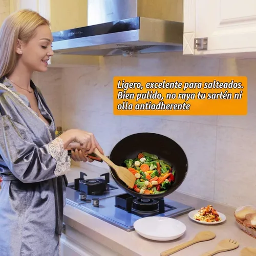 Vista 2 de Utensilios de cocina de bambú, 6 piezas de espátula antiadherente con asas, juego de espátulas resistentes al calor, utensilios de cocina