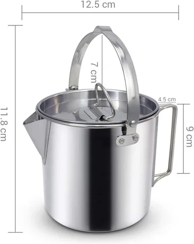 Vista 2 de Hervidor de té de acero inoxidable para camping, olla de senderismo portátil de 1.2 L con asas y tapas para camping, senderismo, picnic