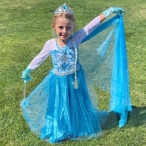Vista 3 de Vestido de Elsa para niña, disfraz de Frozen, traje de cosplay, vestido de princesa, vestido de fiesta azul para Halloween, cumpleaños, color azul