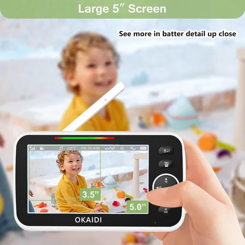 Vista 3 de OKAIDI Monitor de bebé HD de 5 pulgadas con cámara y audio, pantalla de 720P, batería de 5000 mAh, panorámica e inclinación remota, zoom 3X, visión