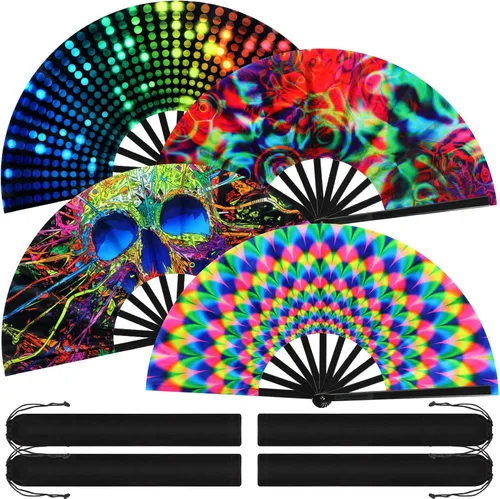 Vista 10 de Blulu 4 abanicos de mano plegables grandes de 13 pulgadas, abanicos gigantes que aplauden para rave, plegables para decoración de fiestas de baile