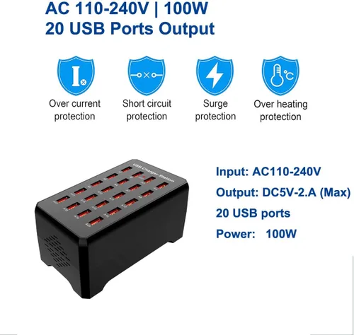 Vista 2 de MaxLax Estación de carga USB de 20 puertos, 100 W/20 A, compatible con teléfonos inteligentes, tabletas y otros dispositivos USB