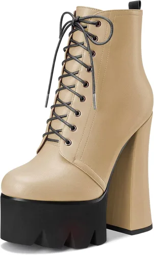 Vista 9 de HDEUOLM Botas de tobillo con tacón alto de bloque grueso para mujer, puntera redonda, botines cortos con cordones y cremallera, zapatos clásicos