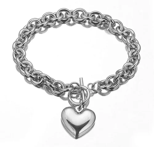 Vista 3 de Juego de collar y pulsera con dije de corazón, collar y cadena de acero inoxidable dorado y plateado con dije de corazón con cierre de palanca