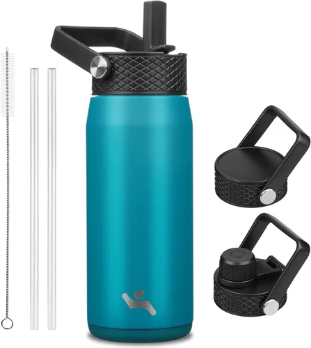 Vista 25 de Konokyo - Botella de agua aislada de 18 onzas, botellas deportivas de acero inoxidable con 3 tapas, verde militar