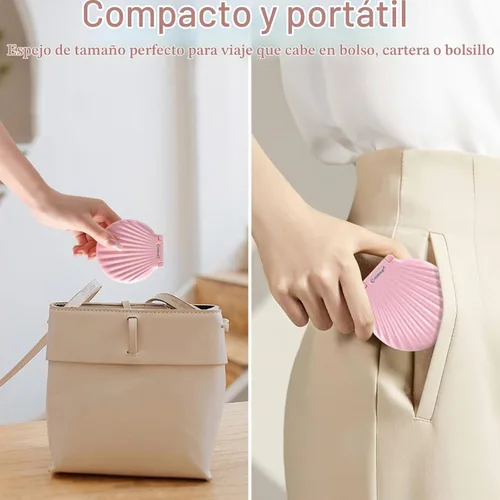 Vista 5 de Mini espejo compacto para viajes, espejo de bolsillo para mujer Rosa
