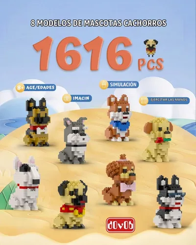 Vista 3 de dOvOb Micro Mini Blocks 8 en 1 juego de perros, 1616 piezas de ladrillos, colección de rompecabezas 3D, juguetes de modelo animal como regalo
