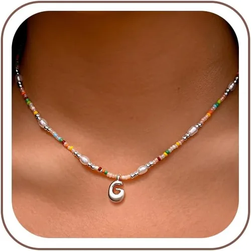 Vista 25 de Ritach - Regalos de Navidad para nietas, adolescentes y niñas, collar con inicial de perlas de colores claros, collar con dije de burbuja dorada