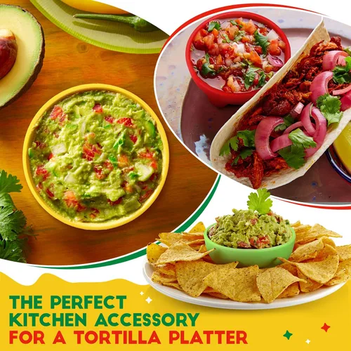 Vista 3 de 12 cuencos de salsa para fiestas, coloridos cuencos de salsa de plástico mexicanos, platos de guarnición para servir mexicanos, rojo, amarillo
