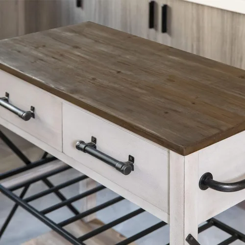 Vista 3 de FirsTime & Co. Carrito de cocina Aurora blanco y marrón, barra de café y soporte para microondas, isla sobre ruedas con almacenamiento, madera