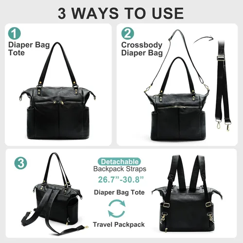 Vista 5 de MOMINSIDE Bolsa de pañales, bolsa de pañales, bolsas organizadoras Mominside de cuero para pañales mochila para mamá papá, bolsa grande de pañales
