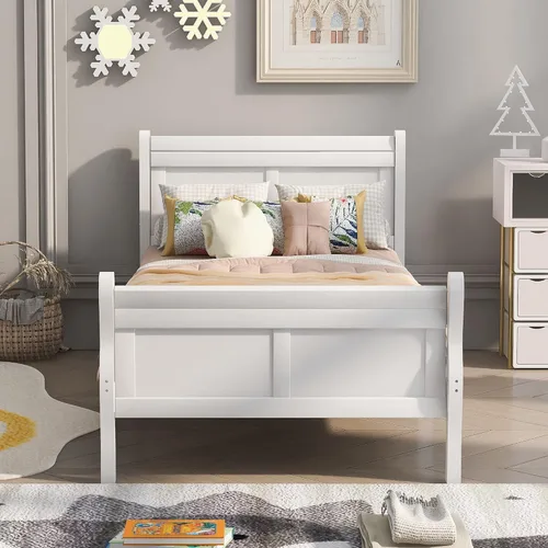 Vista 3 de Base de cama de madera, tamaño individual, plataforma con cabecero, estribo, soporte de listones de madera, base de colchón, muebles de dormitorio