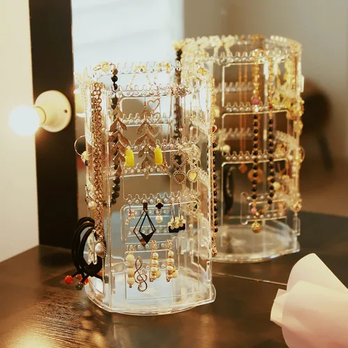 Vista 5 de Cq acrylic Organizador giratorio para aretes de 360 grados, exhibiciones de joyería transparentes, estante para aretes, collar, pulsera, carrusel