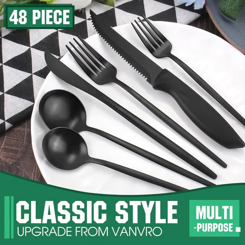 Vista 4 de VANVRO Juego de 48 piezas de cubiertos de color negro mate con cuchillos para carne, juego de cubiertos de acabado satinado, juego de cubiertos