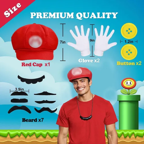 Vista 3 de Bros Mary & Luigi - Disfraz de sombrero de bigote, guantes y botones, disfraz de cosplay para adultos, mujeres, hombres y niños, disfraz de Halloween