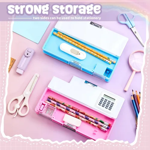 Vista 4 de Henoyso Estuche multifuncional de 2 piezas con calculadora para niñas, bonita caja de lápices de plástico con sacapuntas, bolsa para bolígrafos
