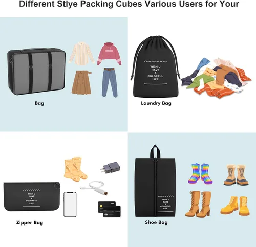 Vista 5 de Funarty Juego de 8 cubos de embalaje para maletas, cubos de compresión para equipaje de mano, bolsas organizadoras de equipaje para accesorios