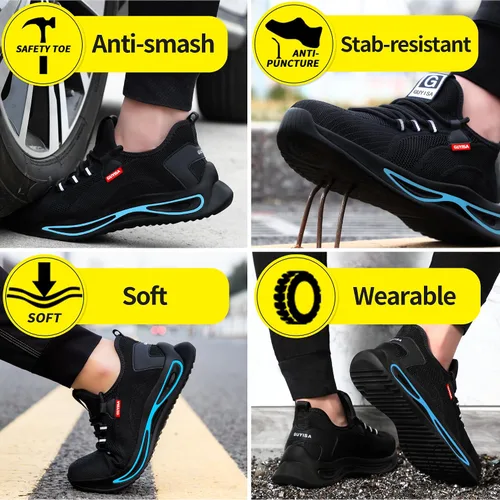 Vista 6 de GLANOUDUN Zapatos de punta de acero para hombre, zapatos de trabajo ligeros para hombres, zapatos de trabajo negros con punta de acero, zapatos