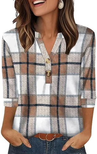 Vista 35 de OFEEFAN - Camisetas de manga 3/4 estilo Henley para mujer, blusas de moda de otoño 2025, atuendos escolares para maestras Raya