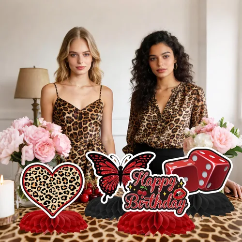 Vista 5 de 9 piezas de decoración de cumpleaños con estampado de guepardo, labios de leopardo, cerezas, dados de panal, decoración de mesa retro para fiesta