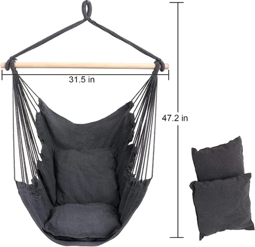 Vista 5 de Silla hamaca columpio, silla colgante de macramé, lona de algodón, incluye dos cojines de asiento suaves, silla hamaca colgante de cuerda