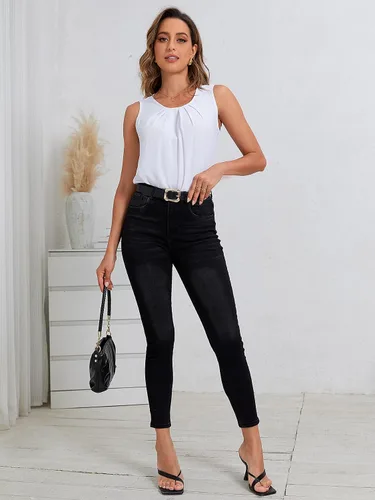 Vista 3 de Milumia Blusas de trabajo sin mangas para mujer, camisetas sin mangas plisadas casuales