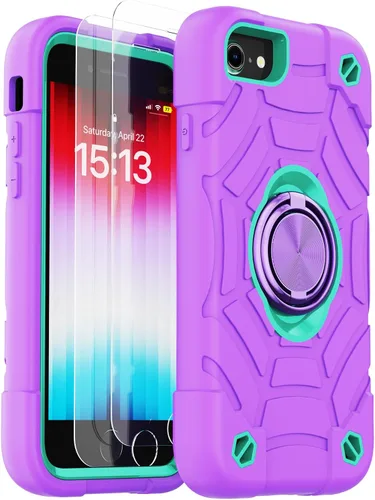 Vista 51 de KCJ Funda para iPhone SE 2022/2020, iPhone 8/7/6/6S, con [2×Protectores de Pantalla][Soporte de Anillo] Silicona Suave+PC Duro Protección Completa