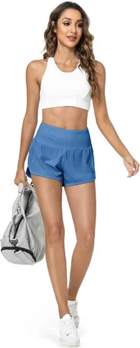 Vista 5 de GYM RAINBOW Pantalones cortos deportivos de cintura alta para mujer, ligeros, de secado rápido, para entrenamiento, gimnasio, correr, con bolsillos