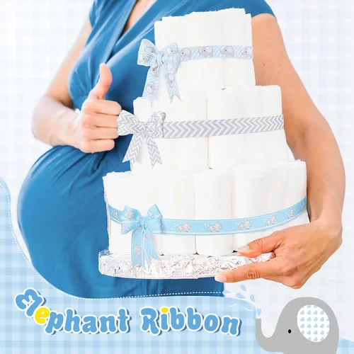 Vista 6 de 8 rollos de cinta de grogrén de elefante para bebé, 7/8 pulgadas, Baby Shower It's a Boy/Girl Foot Print Ribbon para envolver regalos, ducha, Azul