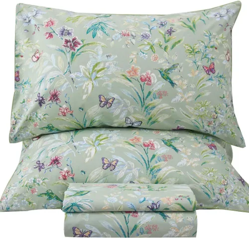 Vista 22 de QSH Juego de sábanas de tamaño individual 100% algodón egipcio, estampado de flores verdes con pájaros, mariposas y botánicas, lujo impreso, ropa