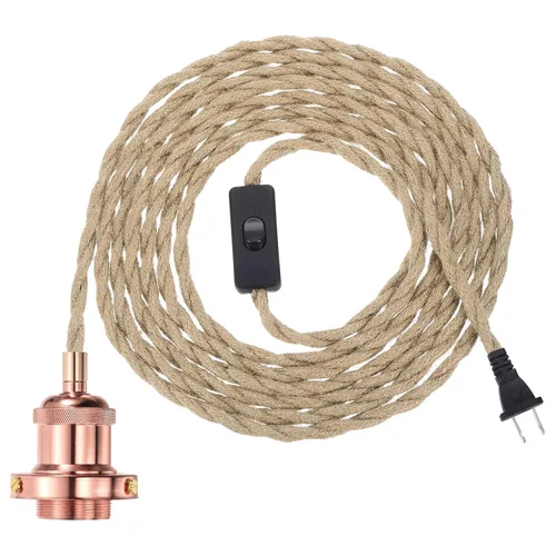 Vista 11 de PATIKIL Kit de cable de luz colgante de 15.4 pies, enchufe E26 con interruptor, cuerda trenzada industrial vintage para lámpara de granja