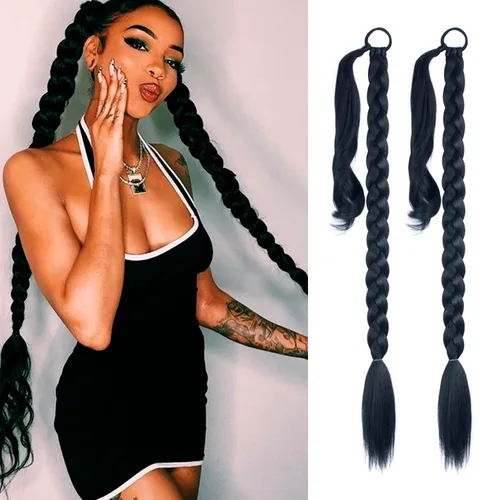 Vista 25 de Paquete de 2 extensiones de cola de caballo trenzada con lazo elástico, lacio, elegante envolvente, extensiones de cola de caballo de 26 pulgadas