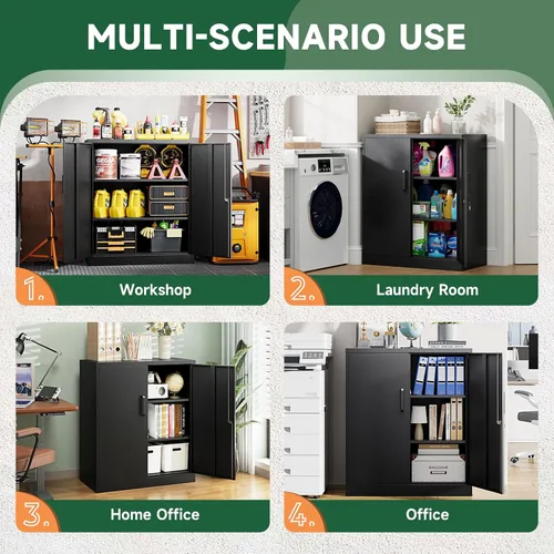 Vista 8 de Letaya Armarios de Almacenamiento de Metal con Cerradura, Pequeños Armarios de Acero con 2 Puertas y Estantes Ajustables para Hogar, Oficina, Negro
