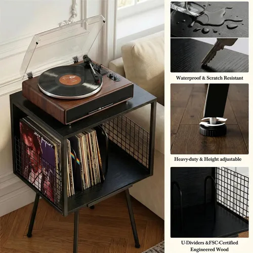 Vista 4 de Record Player Stand with Storage Holds 100+ Vinyl Records, Industrial Turntable Stand with Storage Shelf, LP Album Organizer Cabinet for Small Negro
