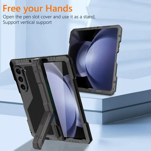 Vista 6 de Funda de metal para Samsung Galaxy Z Fold 5 con soporte para bolígrafo Fold5 S, resistente funda protectora de pantalla Z Fold 5, protector de Negro