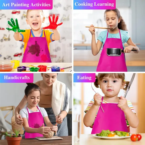 Vista 4 de 12 piezas de delantales para niños de color rojo rosa con 2 bolsillos amplios para arte, actividades de pintura, manualidades en la cocina Rosa Rojo