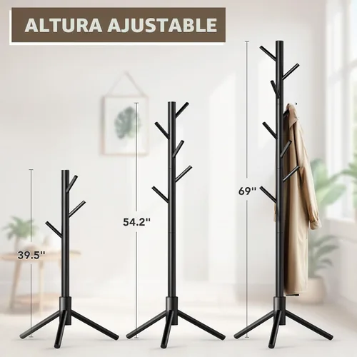 Vista 3 de Hupmad Perchero de árbol de madera, perchero resistente independiente con 8 ganchos, 3 alturas ajustables para niños y adultos, perchero de madera