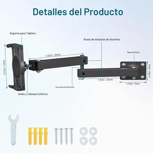 Vista 8 de Mippko Soporte plegable de pared para iPad, soporte para tableta, soporte ajustable de 360°, brazo articulado de aleación de aluminio extensible