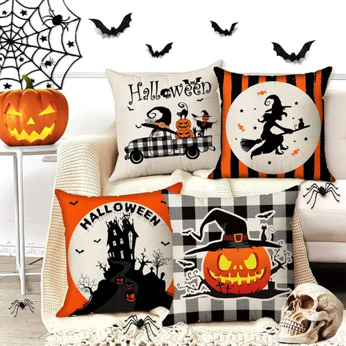 Vista 3 de Juego de 4 fundas de almohada espeluznantes de Halloween de 18 x 18 pulgadas, diseño de calabaza, espantapájaros, camión, castillo de bruja