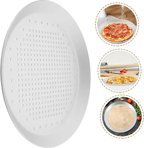 Vista 8 de Hemoton Bandeja de pizza de aluminio para pizza de queso y pizza, bandeja de hornear de acero inoxidable, bandeja de pizza antiadherente, bandeja