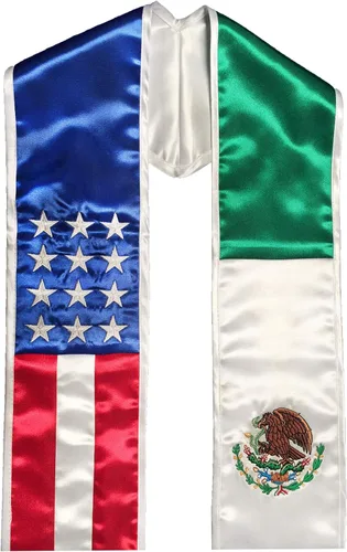 Vista 2 de Bandera mexicana americana de graduación, estola Chicano Heritage Adulto Unisex Hecho en Estados Unidos, Bandera de MéxicoEstados Unidos