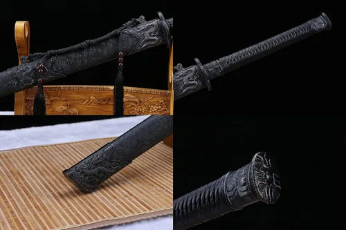 Vista 6 de Espada ancha,Espada dao de oro negro real,Hoja de Damasco forjada,Accesorios de aleación,Espiga completa,Kung fu