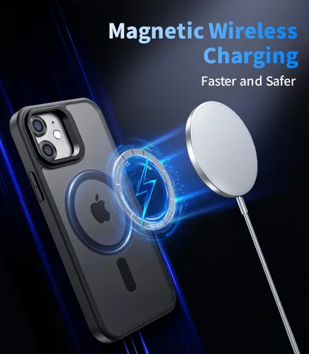 Vista 4 de Funda magnética para iPhone 11 con soporte, compatible con Magsafe, protección militar y protector de lente de cámara, funda translúcida mate