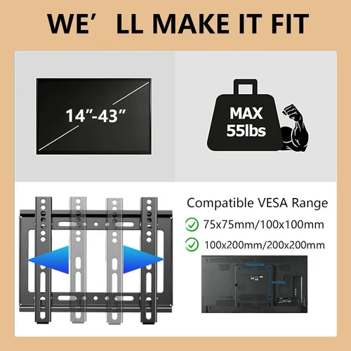 Vista 4 de Soporte de pared para TV de perfil bajo fijo para televisores LED, LCD y plasma de 14 a 43 pulgadas, pantalla plana, soporte universal para monitor
