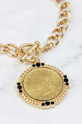 Vista 2 de American Coin Treasures Pulsera italiana con dije de moneda de 20 lira Pulsera italiana de 20 liras en tono dorado con piedras redondas facetadas