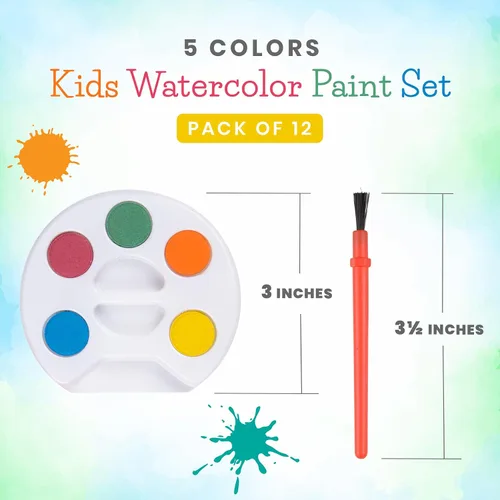 Vista 2 de Mini juego de pintura para niños de acuarela (paquete a granel de 12) - 5 pinturas de acuarela, bandeja de paleta y pincel de pintura
