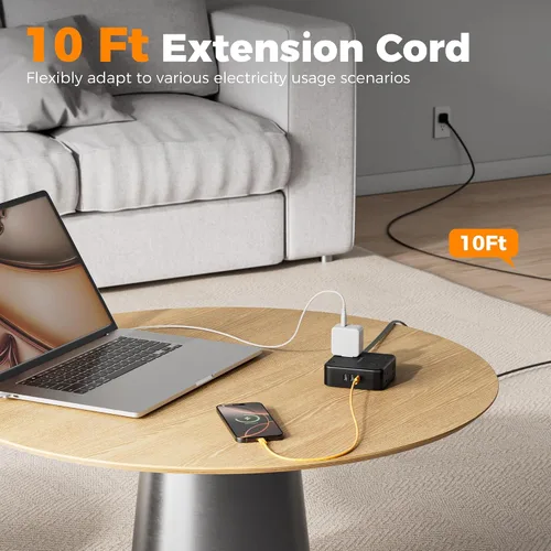 Vista 2 de TESSAN Cable de extensión de enchufe plano de 10 pies con múltiples tomas, regleta protectora de sobretensiones con 3 USB (1 USB C) 8 tomas, Negro
