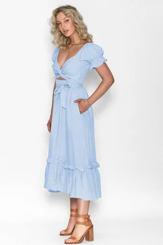 Vista 3 de ZAFUL - Vestido largo bohemio 2023 para mujer, acampanado, con lazo en la cintura, vestido de verano con cuello en V profundo, vestido cruzado